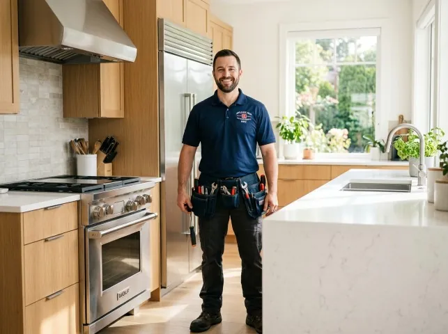 Appliance Repair Hero technician in a Belmont, MA kitchen after an appliance repair