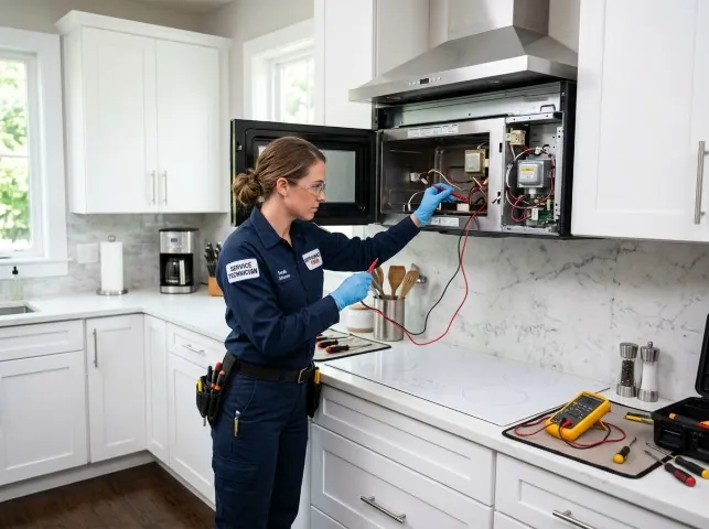 Appliance Repair Hero technician testing an over-the-range microwave in a Belmont, MA kitchen